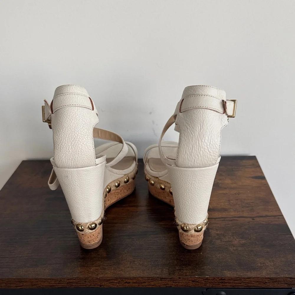 Via Spiga Multi Media White Leather Cork Platform Sandals with Gold Studs (EU39)